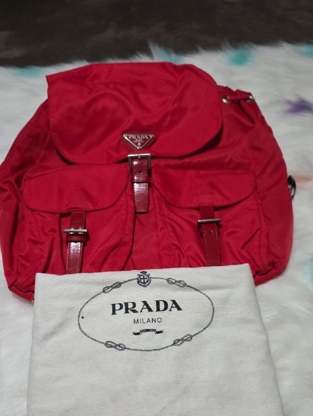 Authentic Prada Red Nylon Drawstring Backpack with Front Pockets - Picture 2 of 8